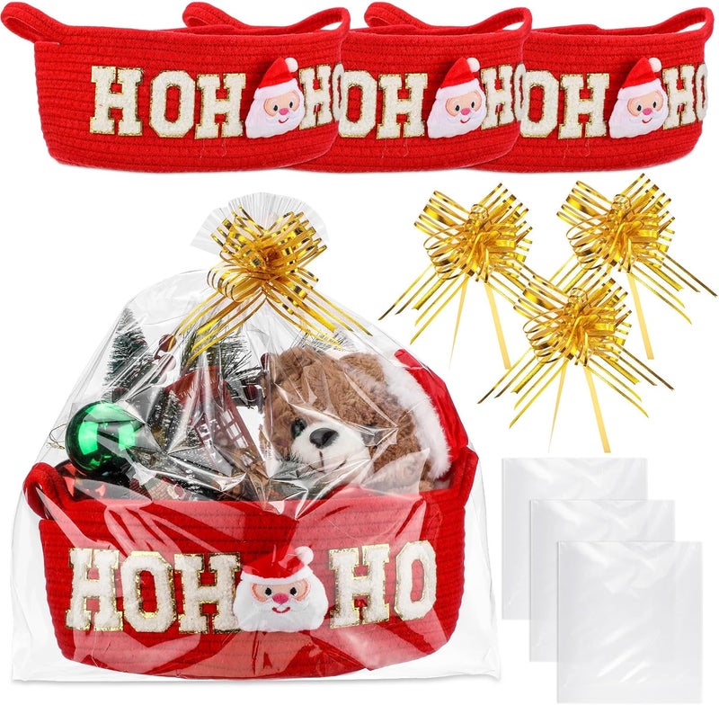 FoldTier 3 Sets Christmas Empty Basket Set for Gifts with Bows Ribbons Cute HOHOHO Santa Claus Red Woven Basket with Handle Clear Cellophane Bags for Christmas Holiday Party Supplies Home Decoration - Image 1